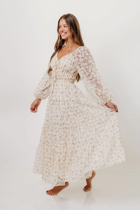 Sleek Vibe Formed Look Macklynn V-Neck Long Sleeve Tier Maxi Dress in Cream/Orange Floral