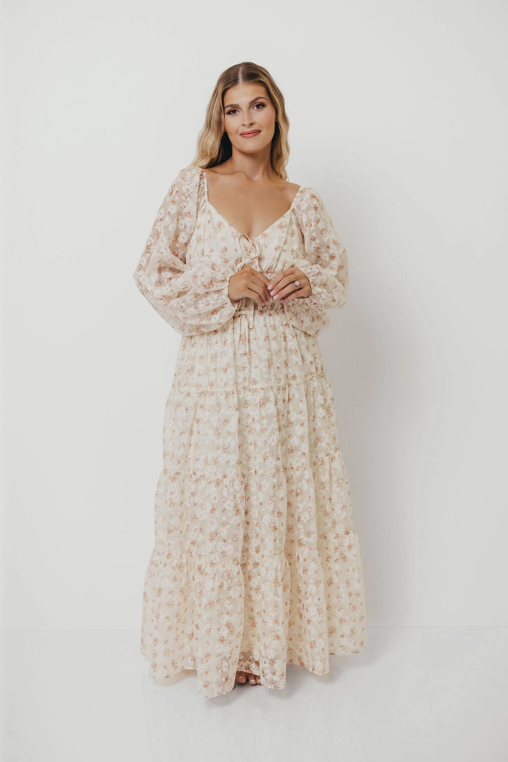 Macklynn V-Neck Long Sleeve Tier Maxi Dress in Cream/Orange Floral Vintage Vibe