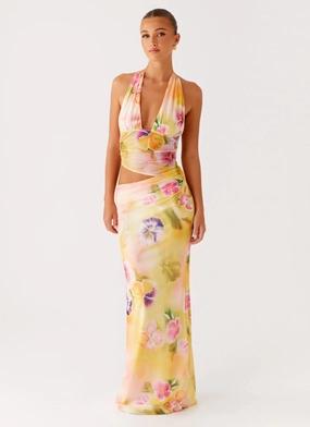 Luxury Feel Contemporary Look Main Act Halter Maxi Dress - Sunburst Floral