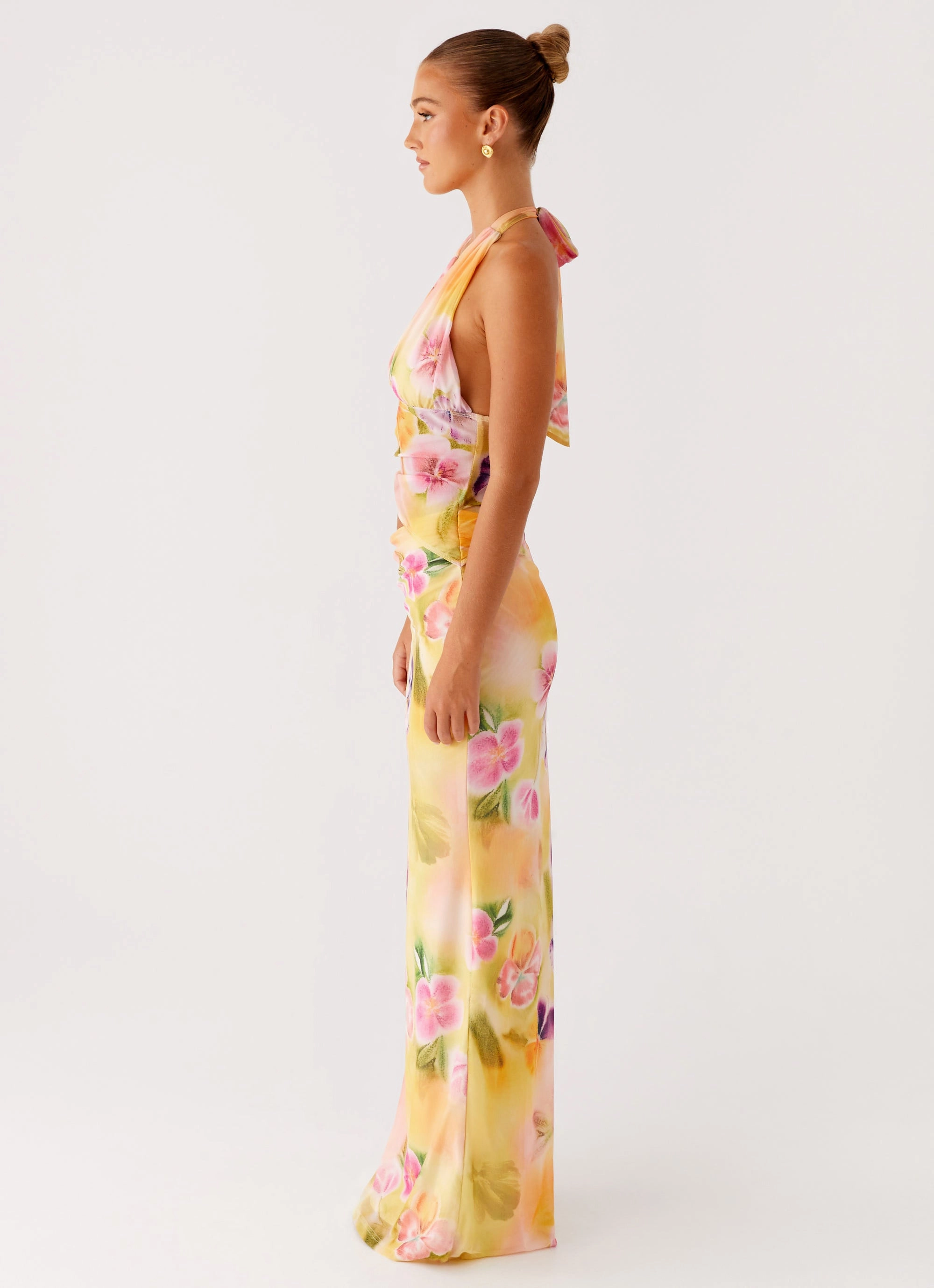 Metallic-Shine Main Act Halter Maxi Dress - Sunburst Floral