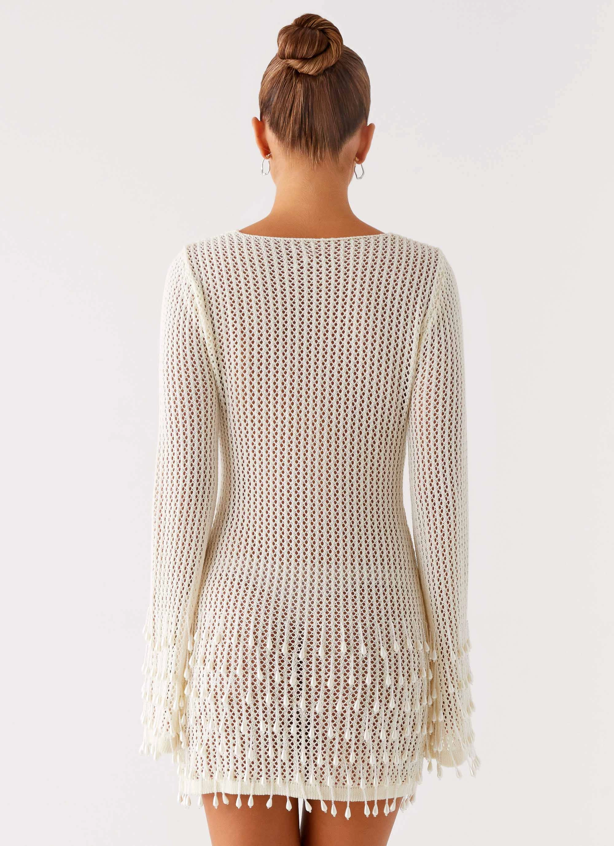 Bold-Color Majestic Beaded Crochet Mini Dress - Ivory
