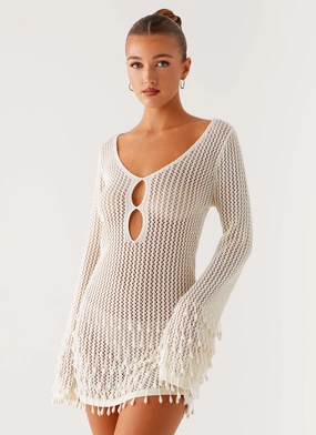 Feminine Cut Sleek Form Majestic Beaded Crochet Mini Dress - Ivory
