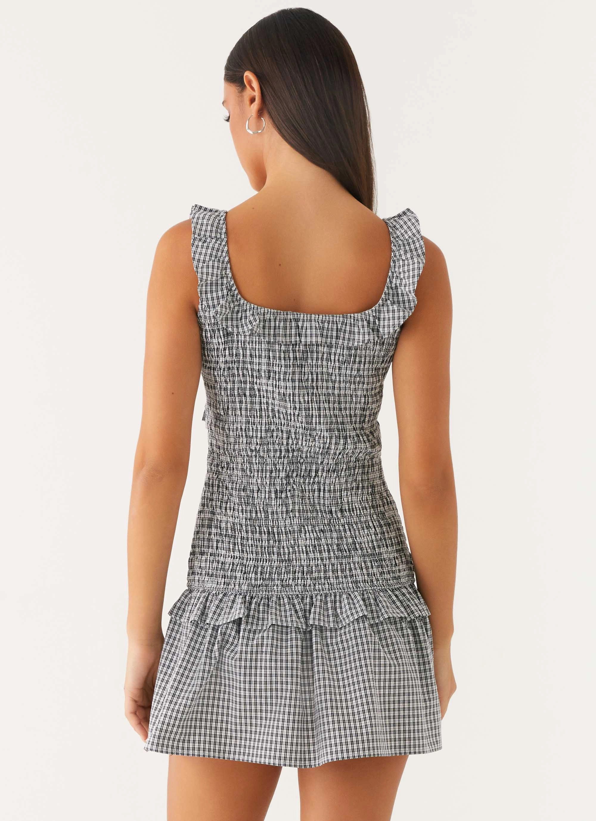 Mali Shirred Mini Dress - Checker Soft cotton blend dress Understated Glam