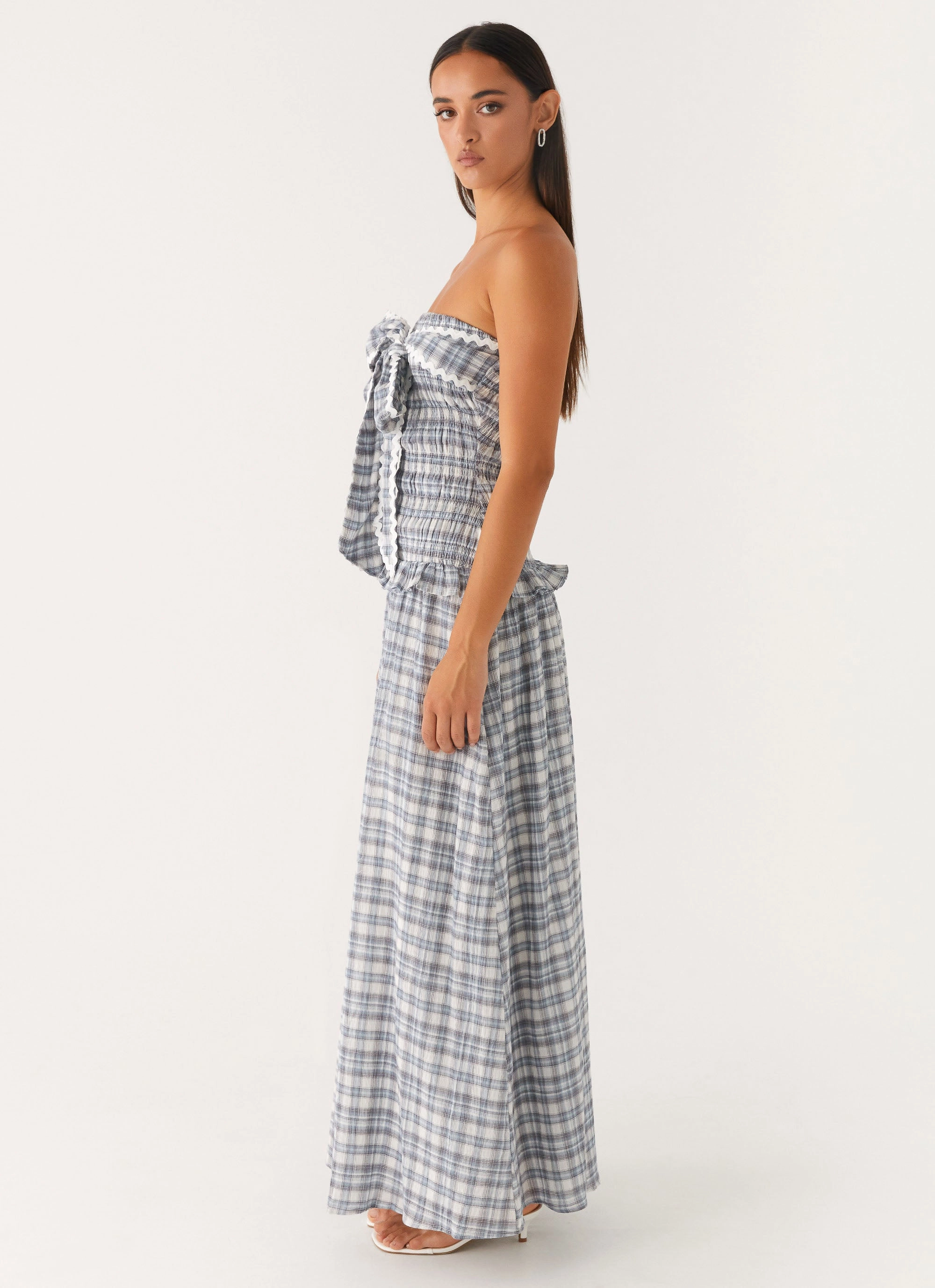 BiasCutSilhouette Hook-And-Eye Malia Shirred Maxi Dress - Blue Grey Check