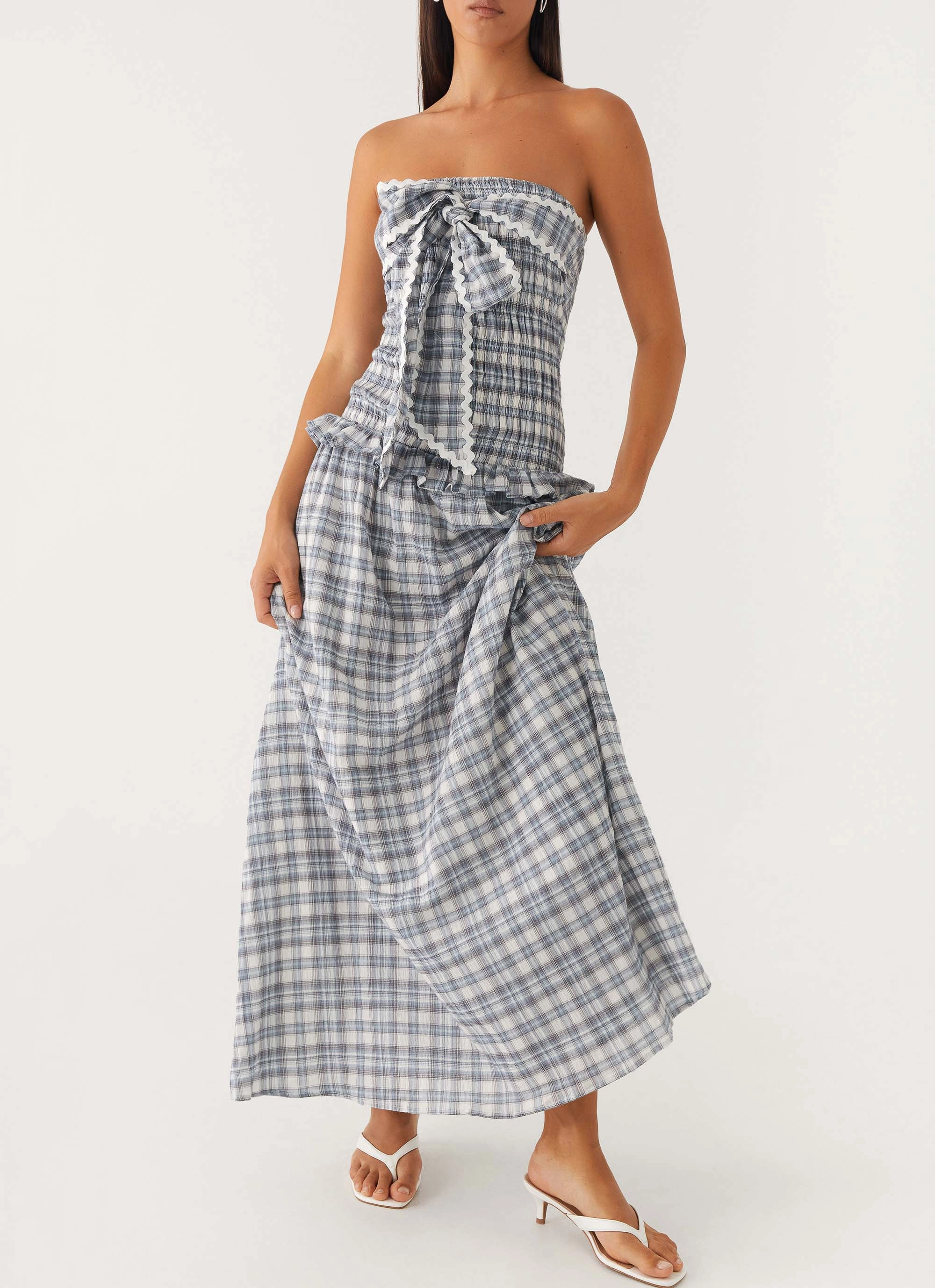Smart Detail Malia Shirred Maxi Dress - Blue Grey Check