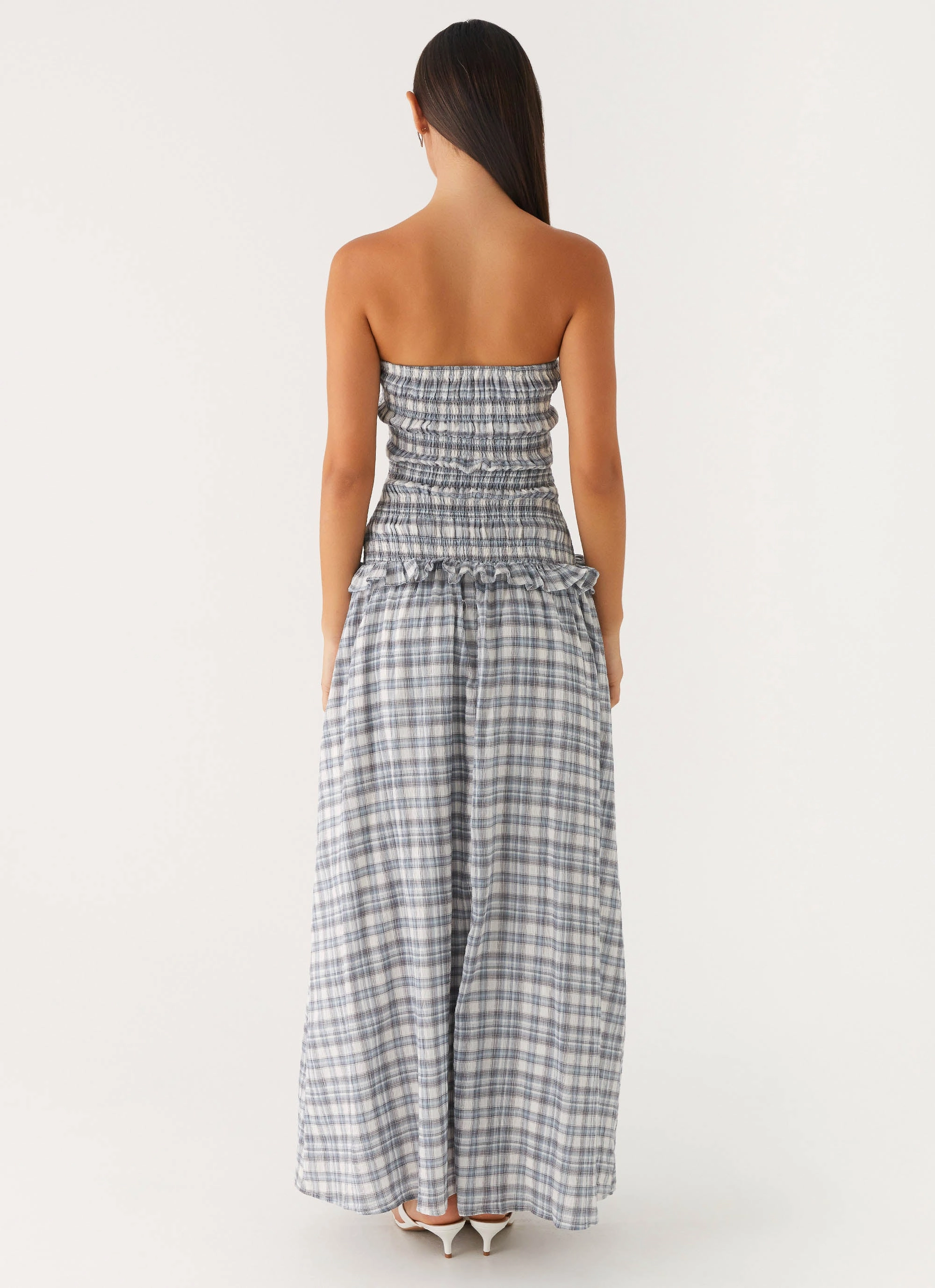 Malia Shirred Maxi Dress - Blue Grey Check Garden Fresh Soft Layers