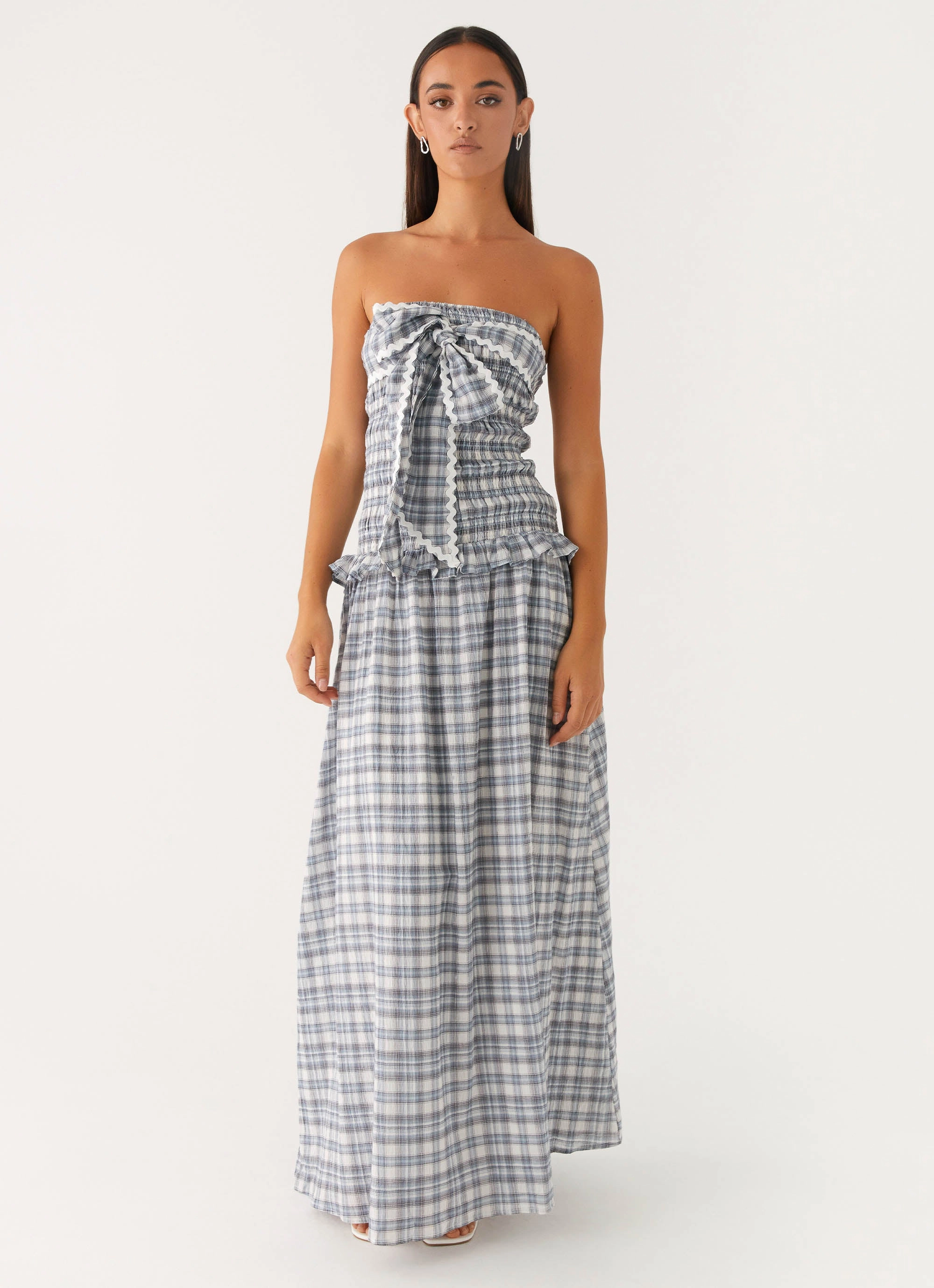 Malia Shirred Maxi Dress - Blue Grey Check Gemstone-Detail Casual Comfort Wear