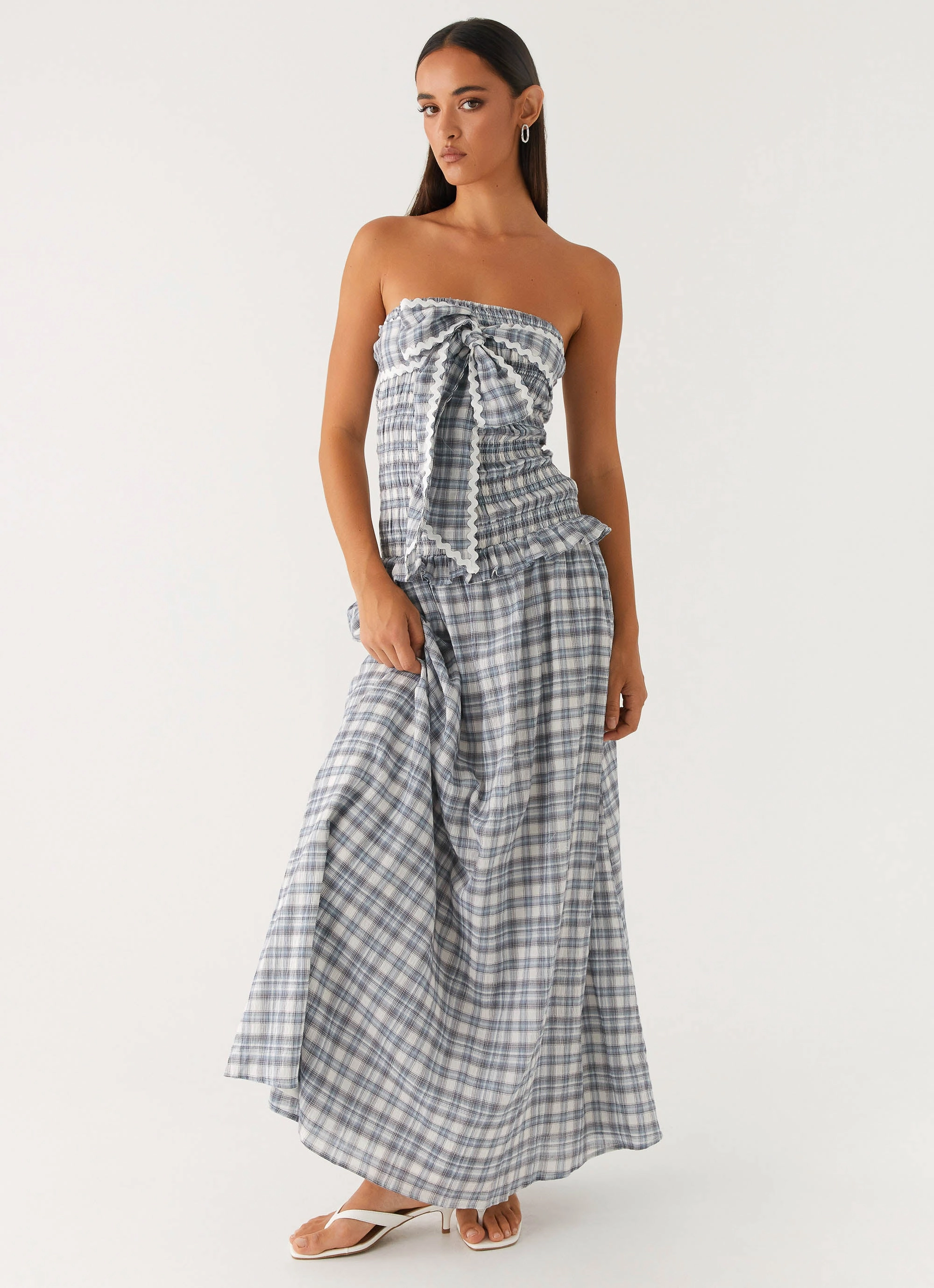 Malia Shirred Maxi Dress - Blue Grey Check Sleek and Flattering Easy Tones