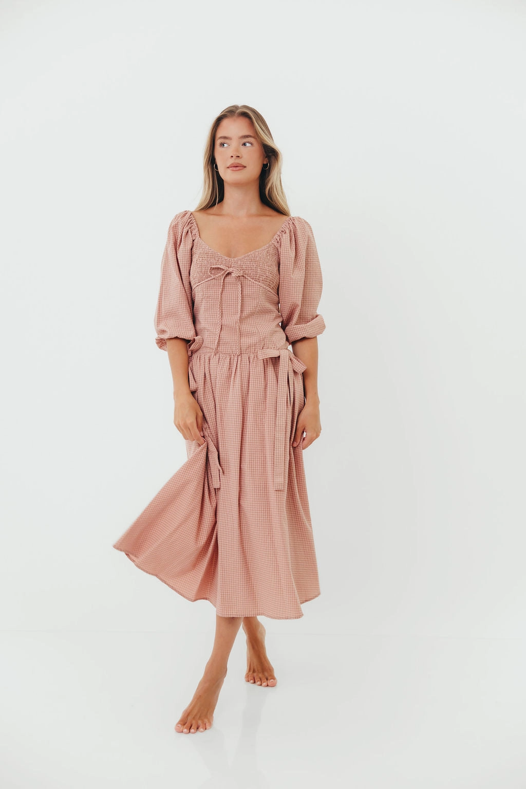 Everyday Use Light Fabric Marla Bow Detail Midi Dress in Dust Pink