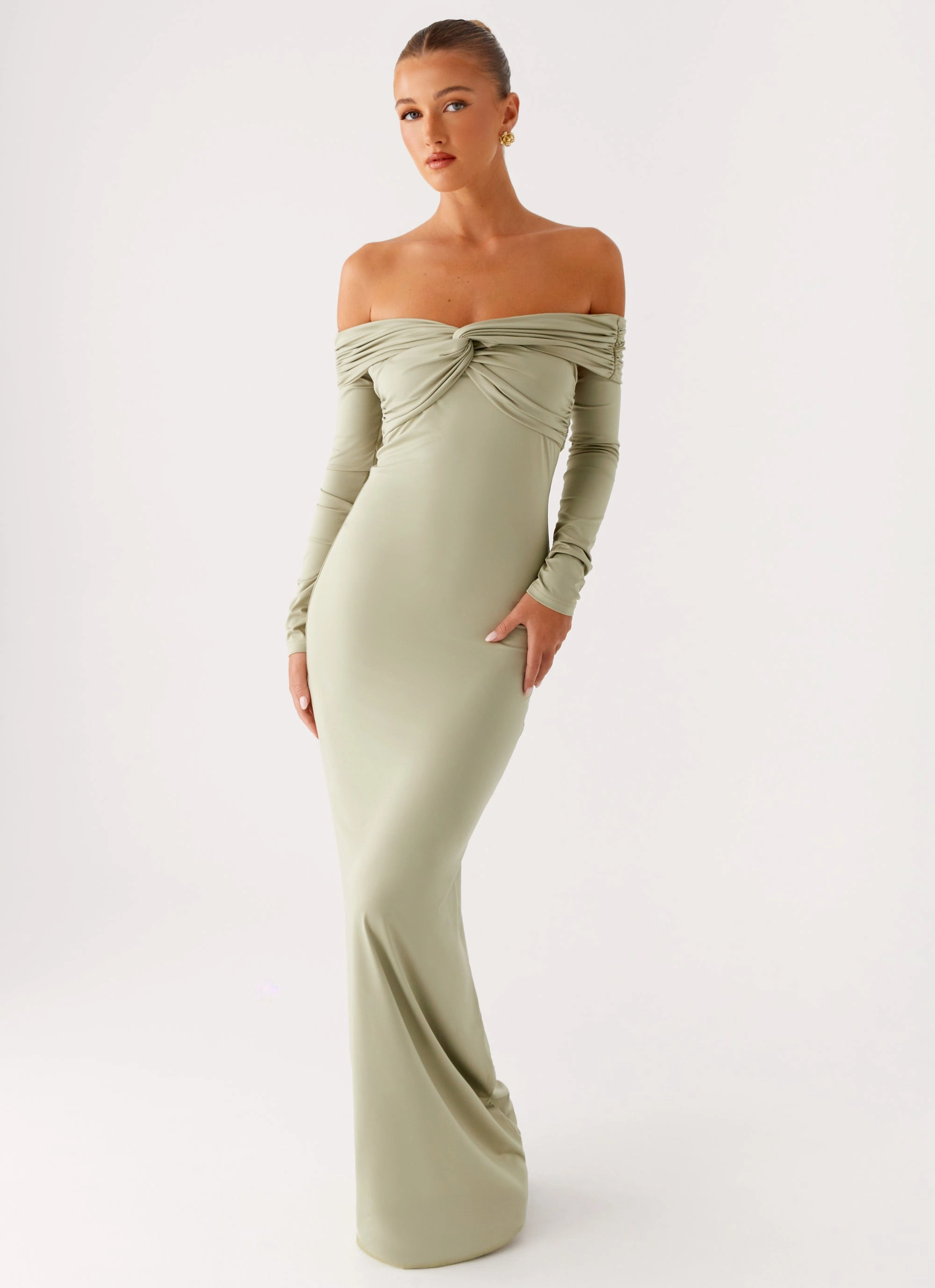 Shiny Zip Marla Long Sleeve Maxi Dress - Sage