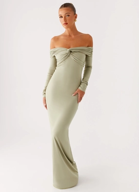 Shiny Zip Marla Long Sleeve Maxi Dress - Sage