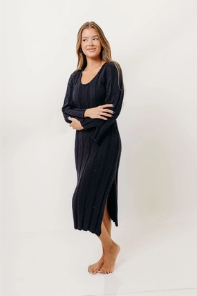 Marley 100% Cotton Midi Dress in Dark Navy Clean Grace Jewel Accent
