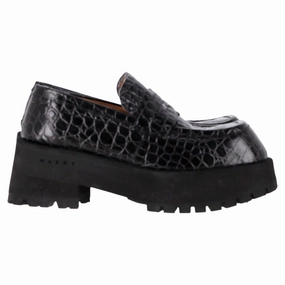 Smart Build Modern Design Marni Crocodille-Effect Chunky Loafers in Black Leather