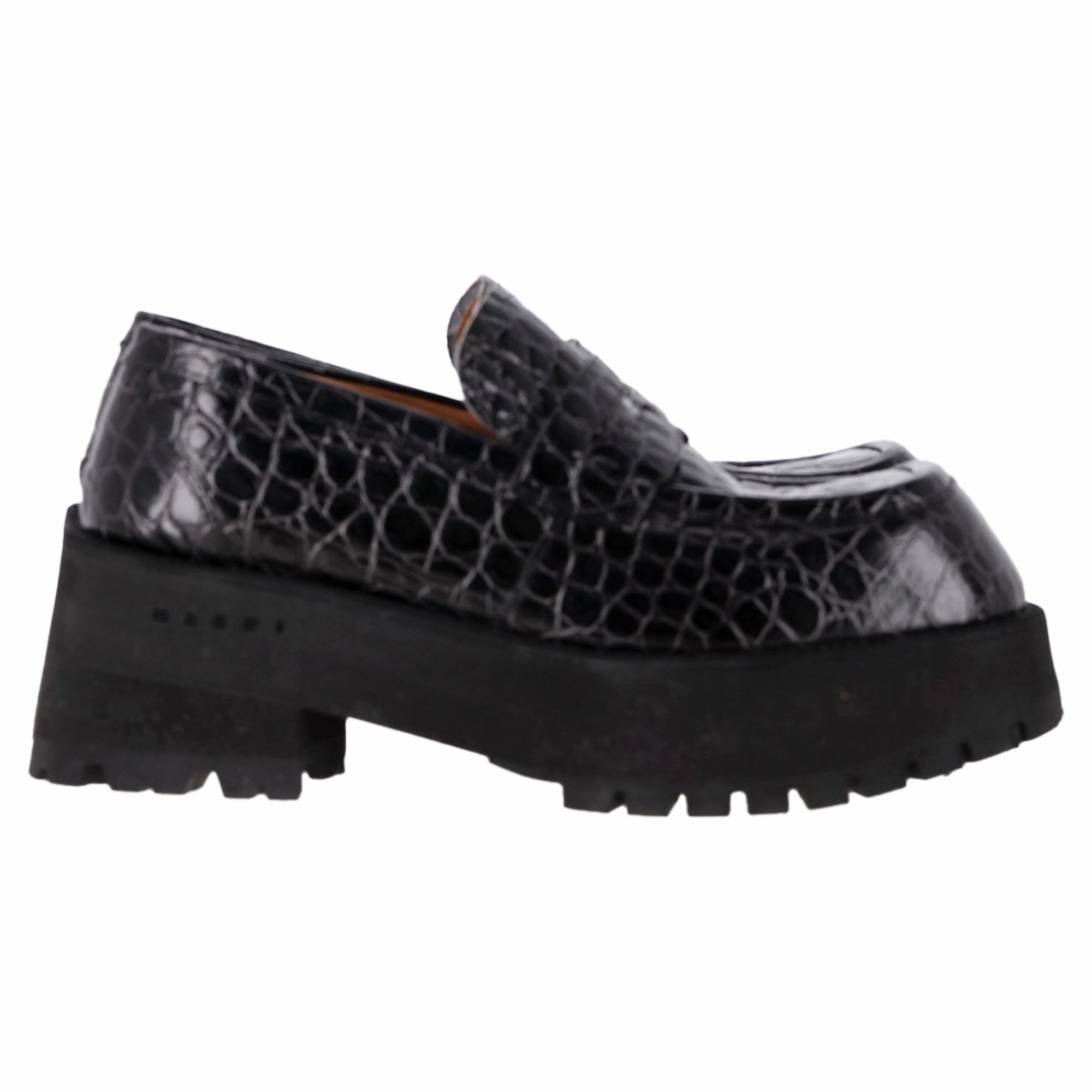 Smart Build Modern Design Marni Crocodille-Effect Chunky Loafers in Black Leather