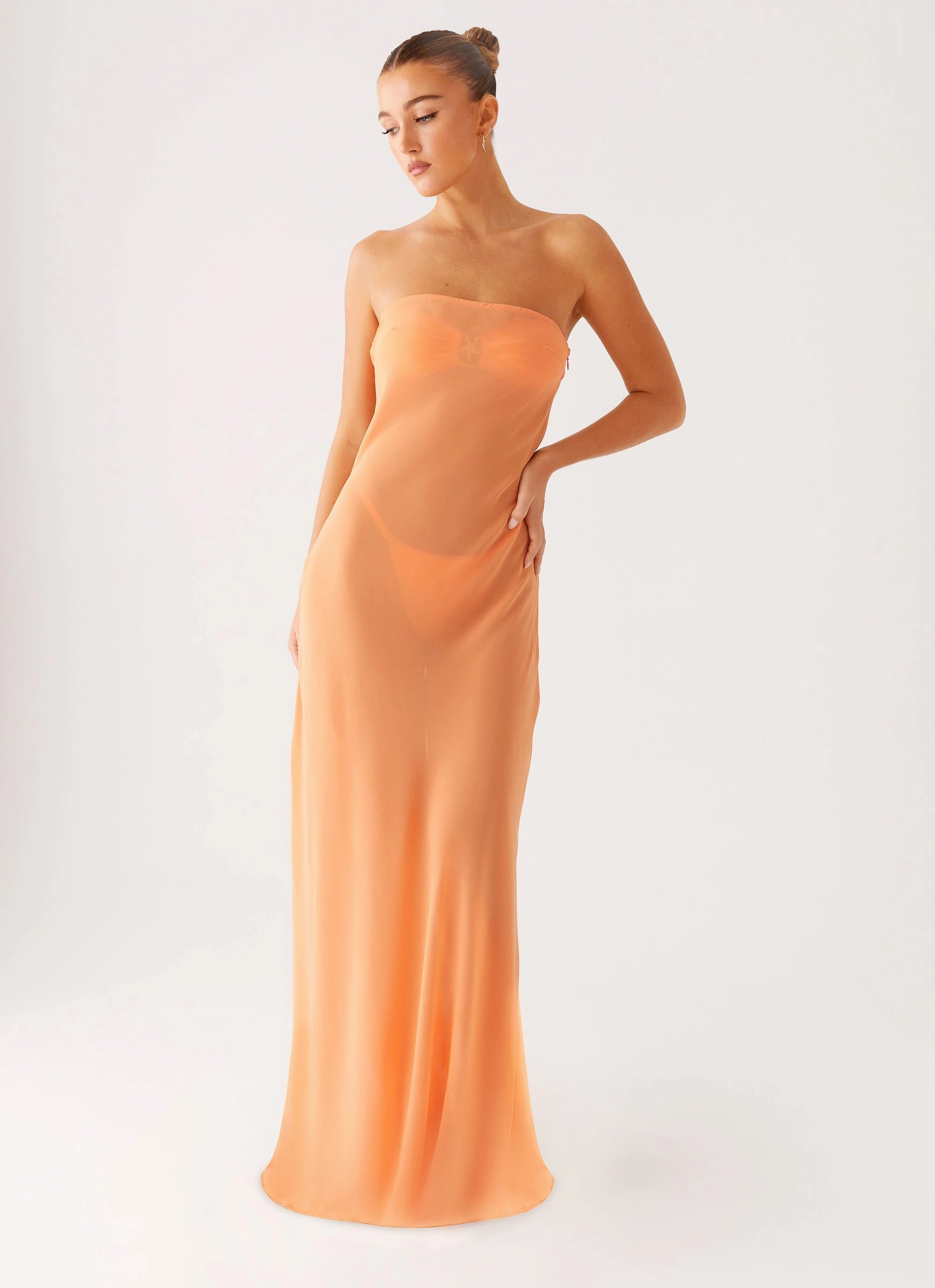 Mattie Strapless Maxi Dress - Orange Clean Drape Side-Pocket