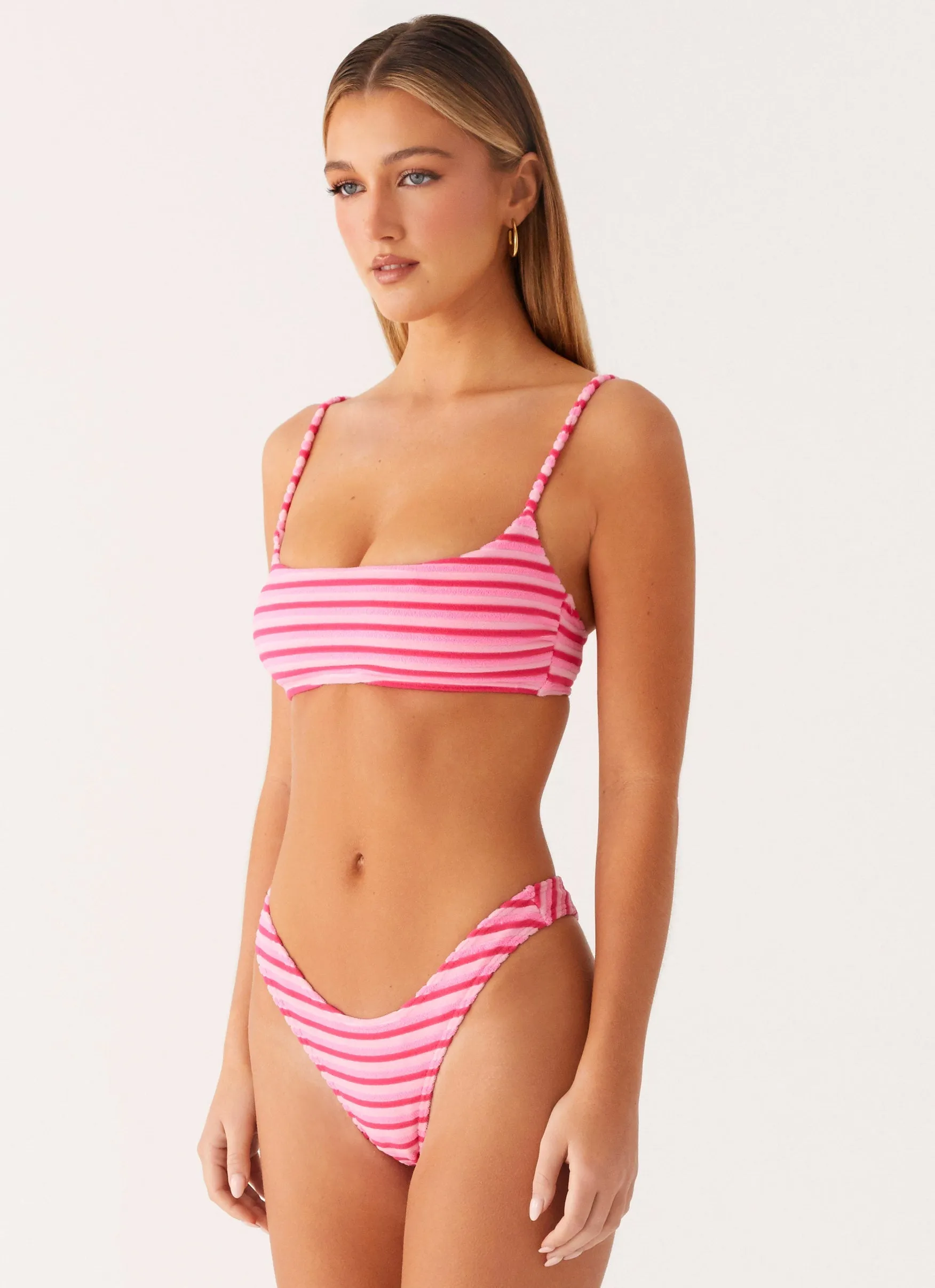 Textured-Surface Double Layered Fabric Mauritius Bikini Top - Pink Stripe