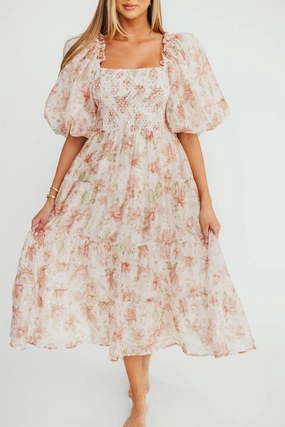 McKenna Puffed Sleeve Tiered Midi Dress in Peach One-Shoulder