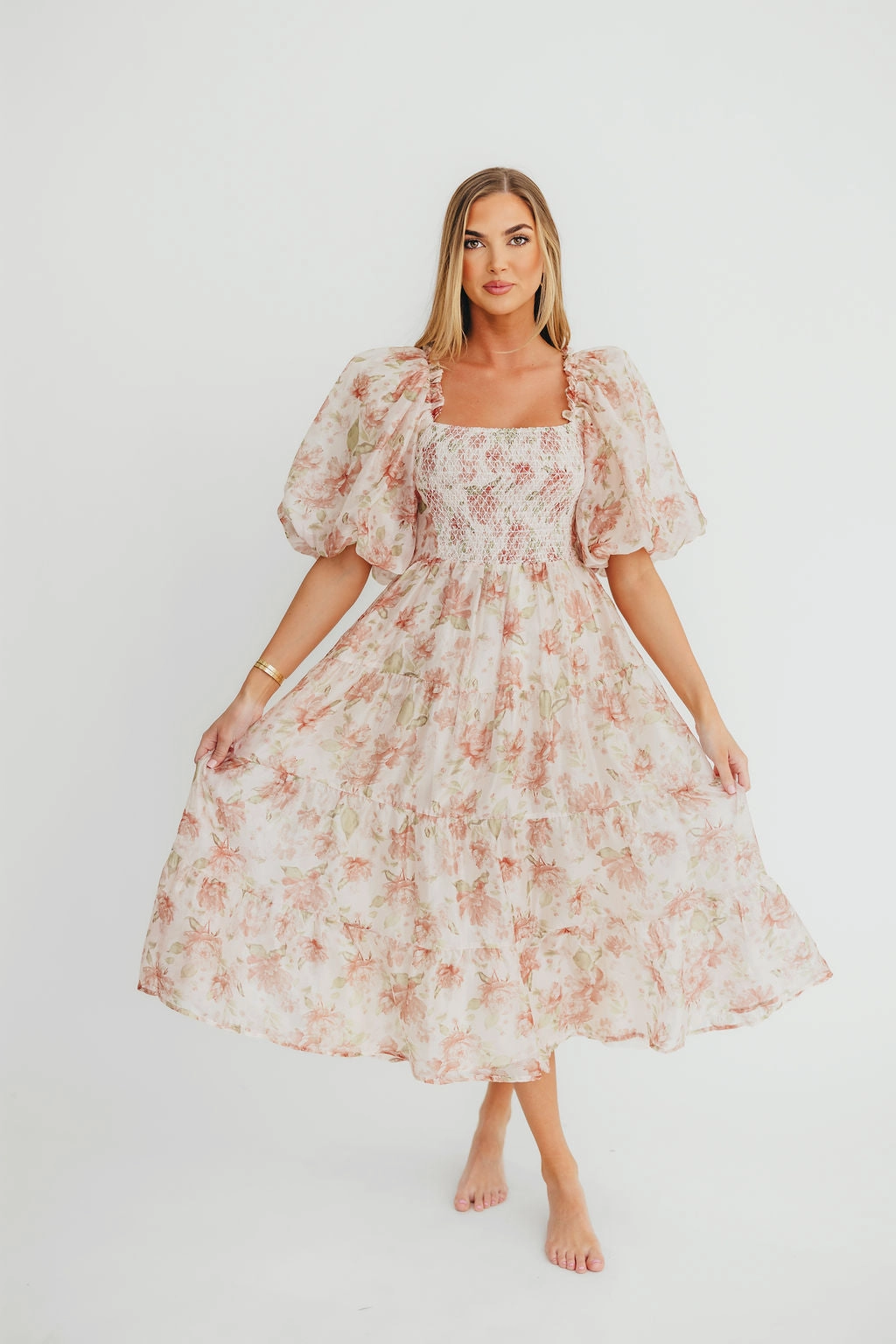 Classic and Chic McKenna Puffed Sleeve Tiered Midi Dress in Peach