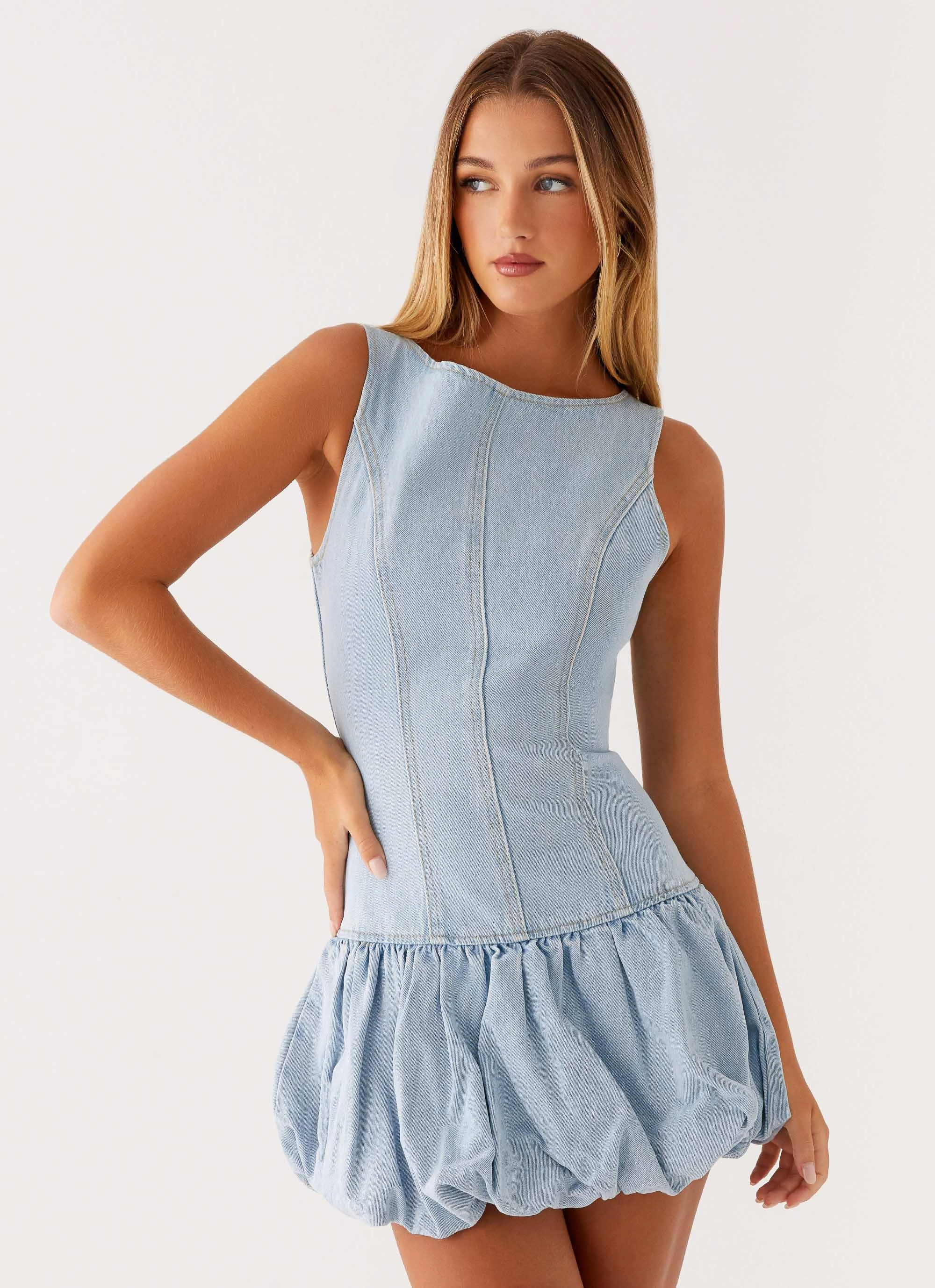 Meg Bubble Denim Mini Dress - Blue Timeless Energy