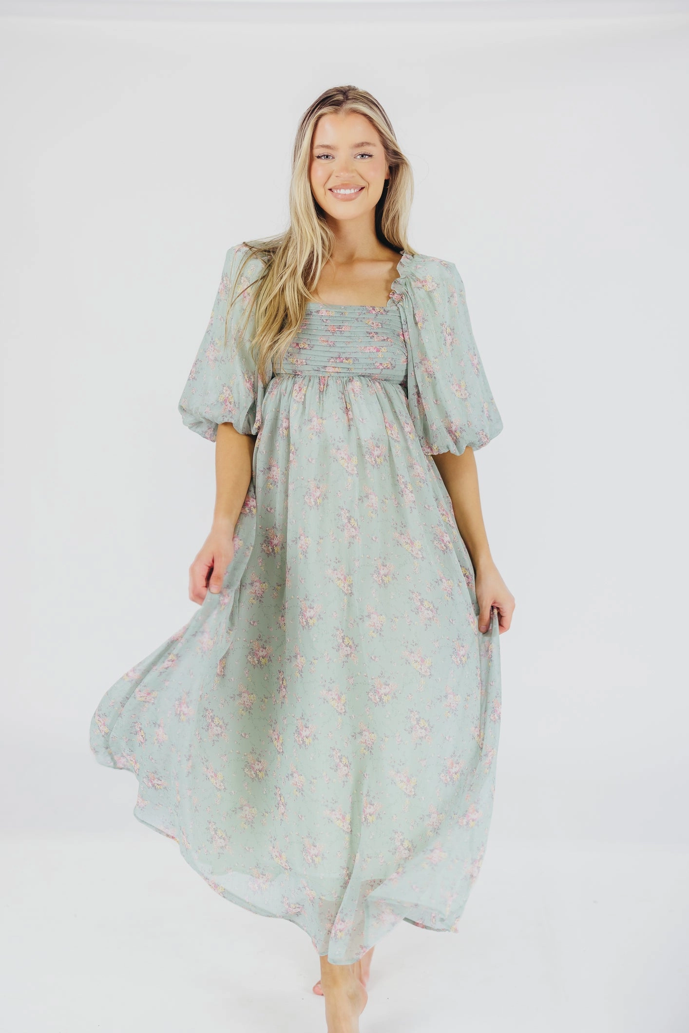 Melody Maxi Dress in Turquoise Floral - Bump Friendly & Inclusive Sizing Minimal Detail