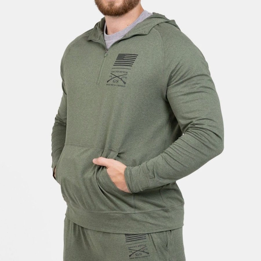 Men's All-Day 1/4 Zip Hoodie - Heather Military Green Monkey like