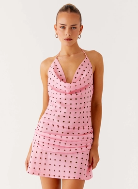 High-Fashion Cyna Cowl Mini Dress - Strawberry Dot