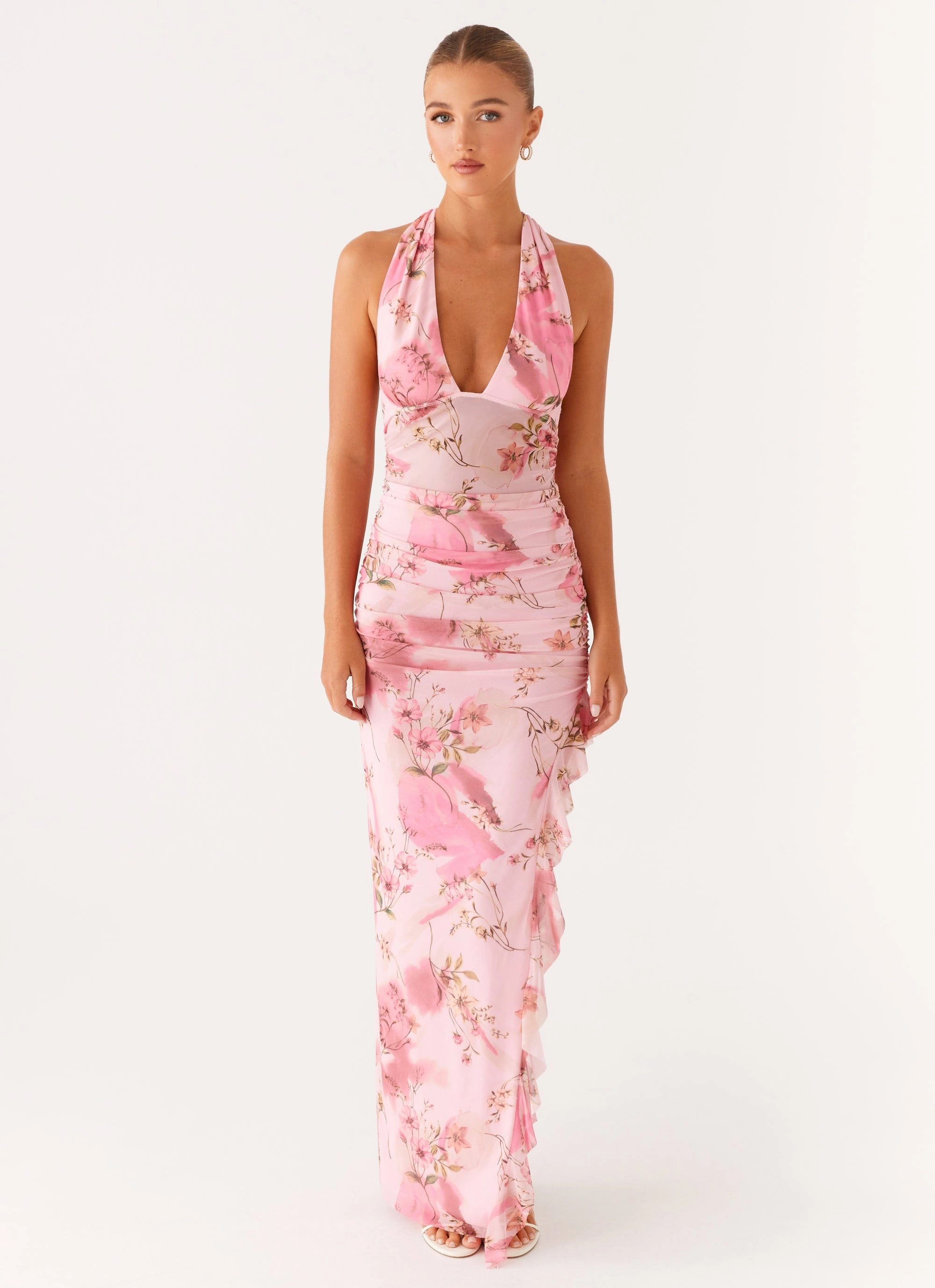 Stylish Cut Micca Halter Maxi Dress - Pink Floral Print