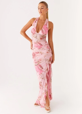 Micca Halter Maxi Dress - Pink Floral Print Glam Feel confident look