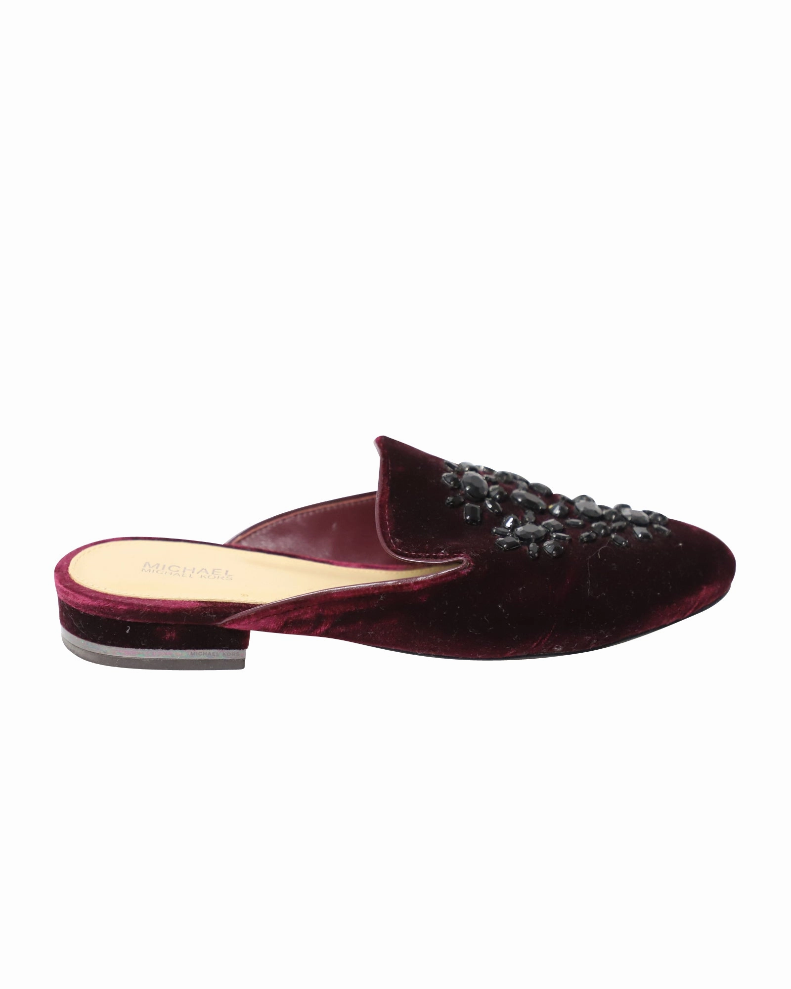 Comfort Technology Wicking Inner Layer Michael Kors Crystal-Embellished Slip-On Flat Mules in Burgundy Velvet