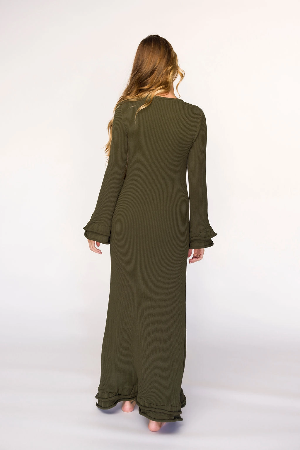 Arlet Dress in Olive - Bump Friendly Fresh Texture ruffle trim