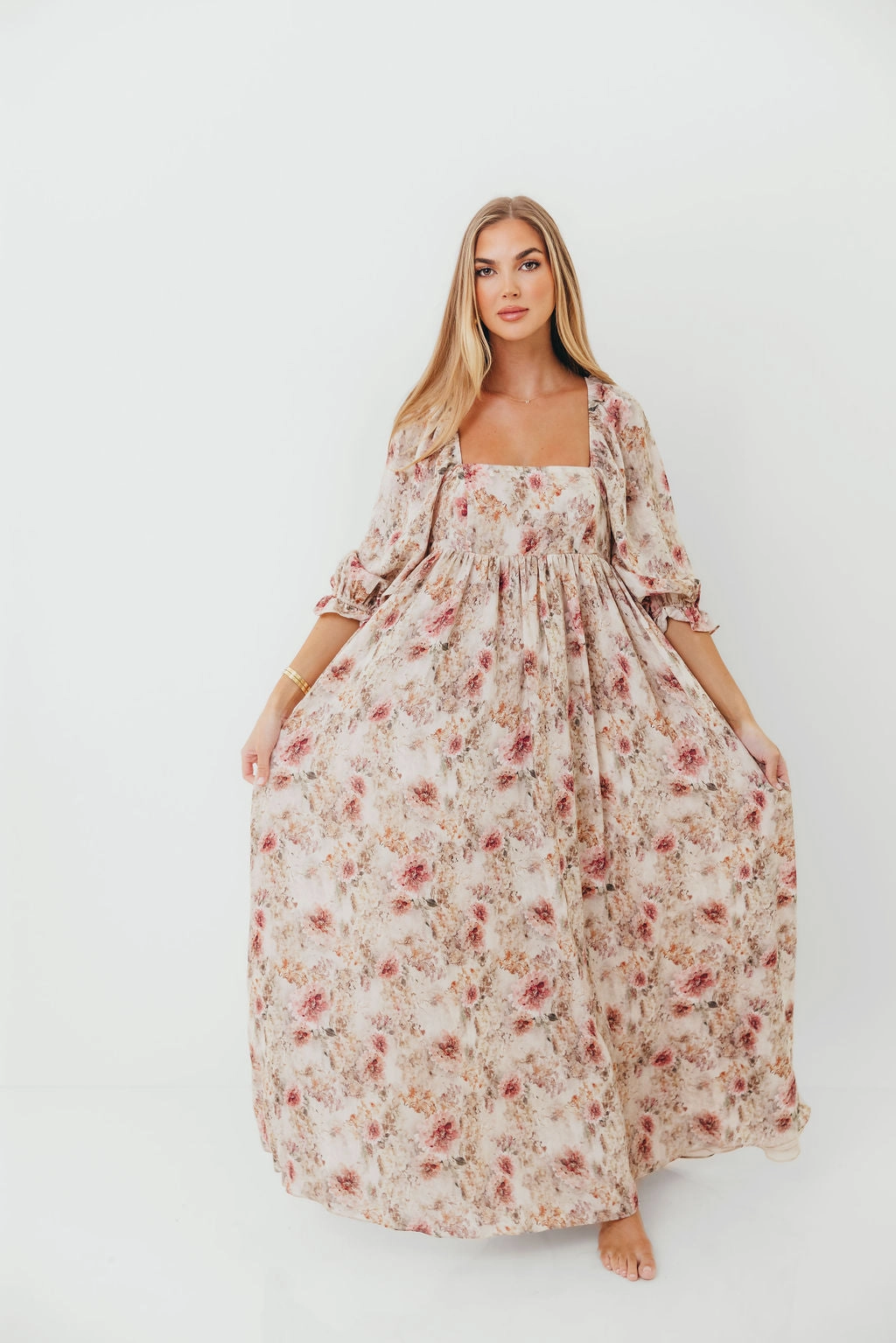 Morning Wear Regular-fit Mona Maxi Dress with Smocking in Pink/Beige Multi Floral - Bump Friendly *9/30 PRE-ORDER*