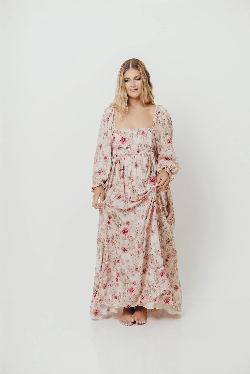 Mona Maxi Dress with Smocking in Pink/Beige Multi Floral - Bump Friendly *9/30 PRE-ORDER* Comfy and Cozy Subtle Fit
