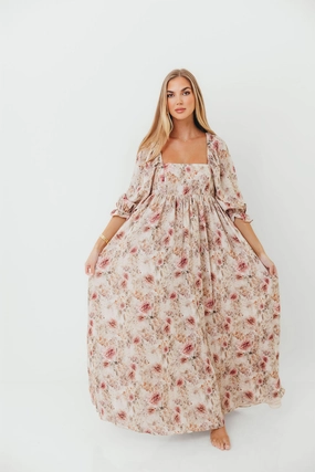 Morning Wear Regular-fit Mona Maxi Dress with Smocking in Pink/Beige Multi Floral - Bump Friendly *9/30 PRE-ORDER*