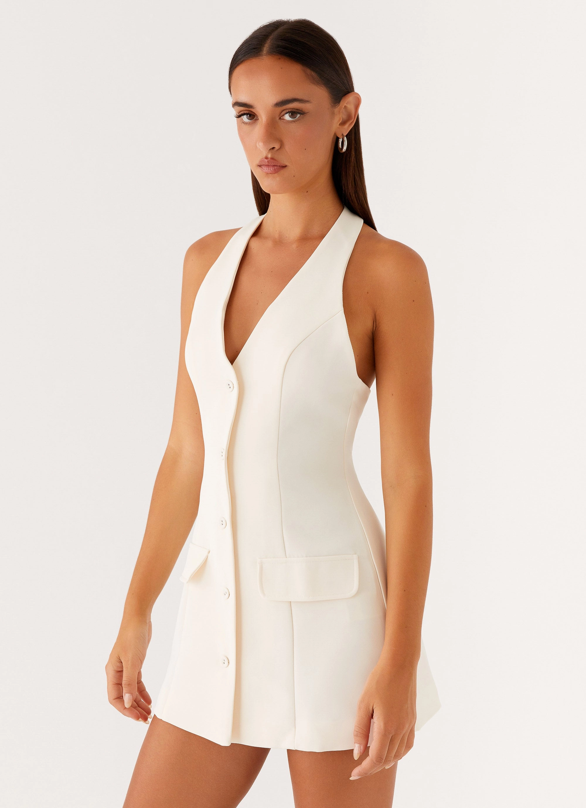 Bold Look Casual Elegance Mira Halter Neck Mini Dress - Ivory