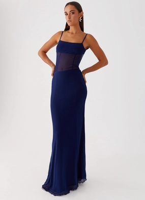 Warm Undertone Beaded-Sleeve Miranda Maxi Dress - Navy