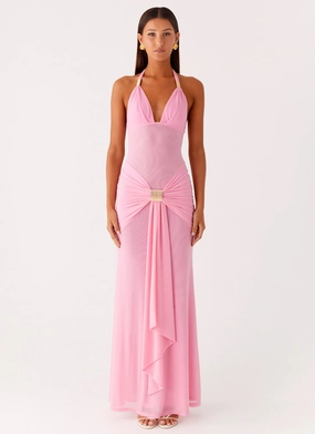 Pleated-Skirt Classic Layering Miyah Halter Hardware Maxi Dress - Baby Pink