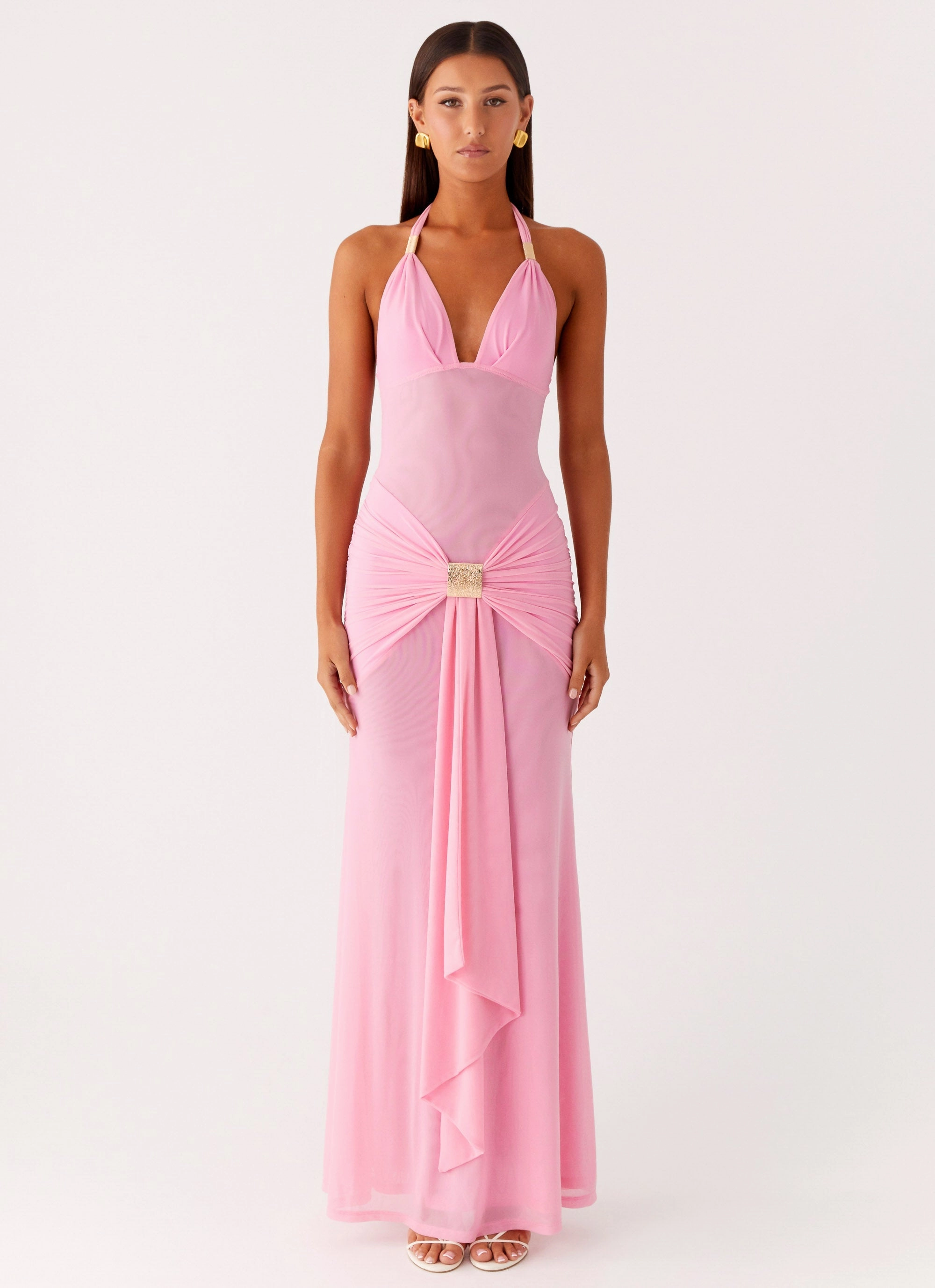 Pleated-Skirt Classic Layering Miyah Halter Hardware Maxi Dress - Baby Pink