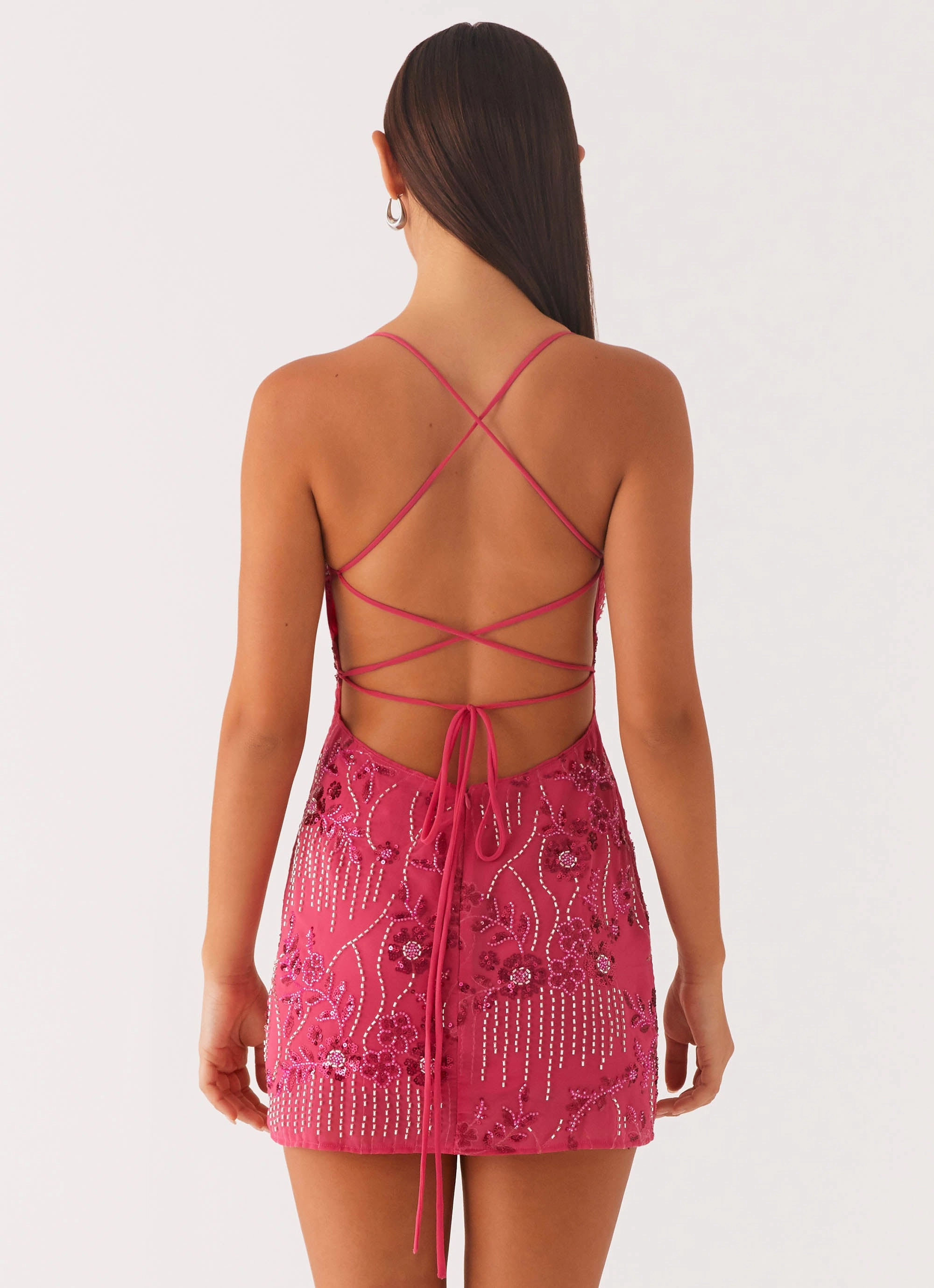 Vietta Sequin Cami Mini Dress - Fuchsia Open-back
