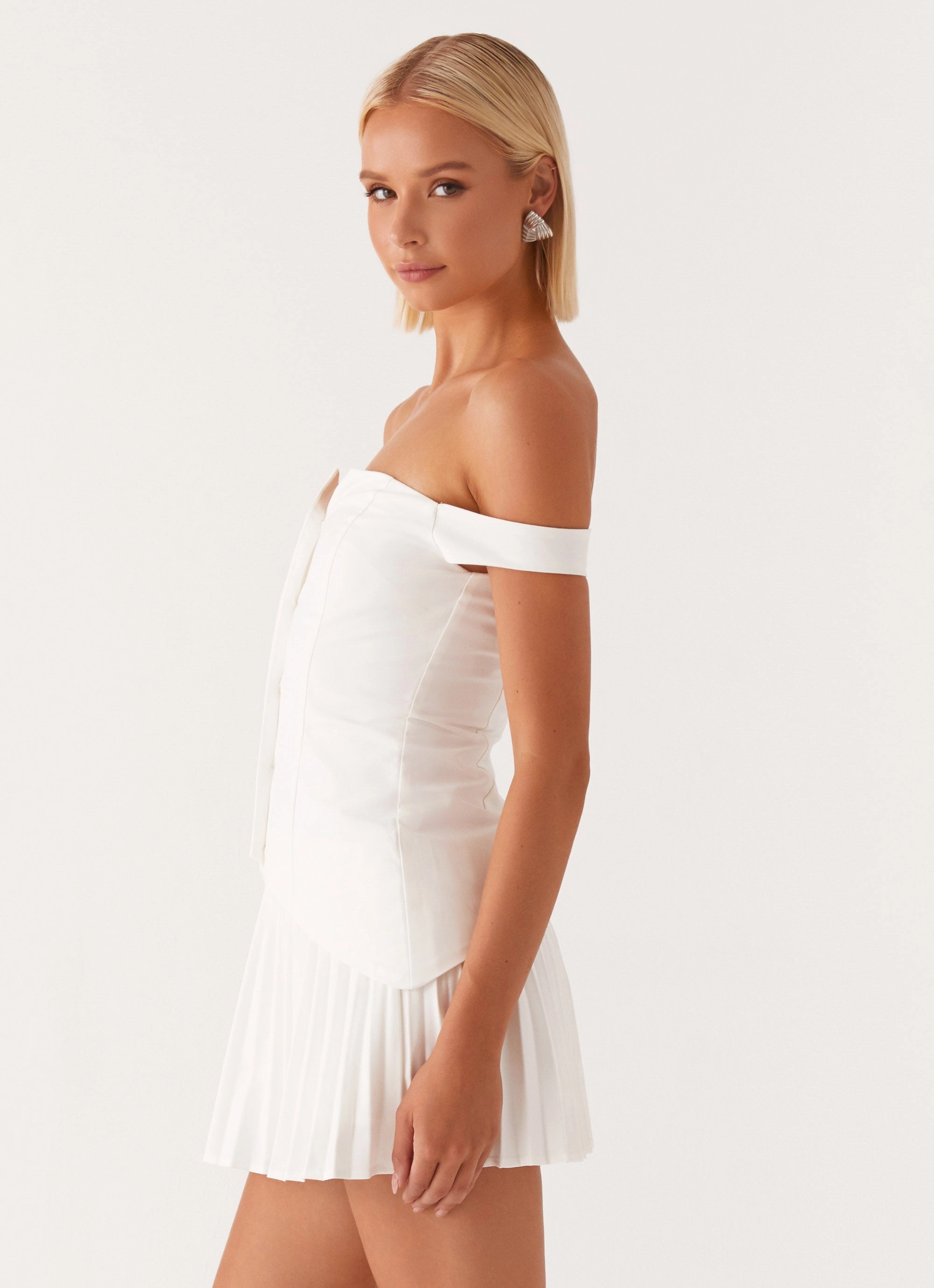 Twisted Skies Off Shoulder Mini Dress - Off White Balanced Lines Minimal Aesthetic