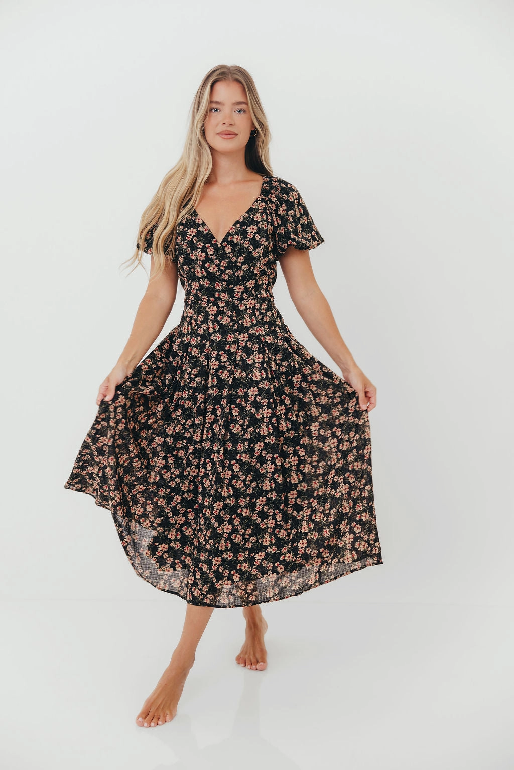 Slim-fit Milania Midi Dress in Black Floral