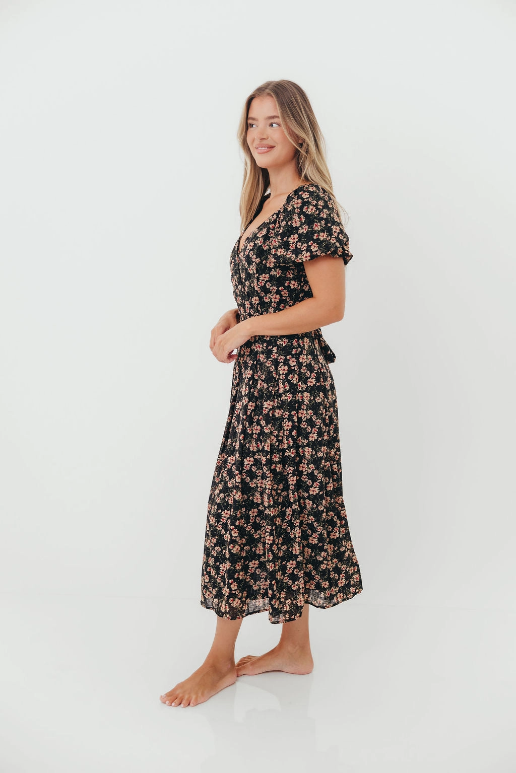 Gathered-Detail Urban Spirit Milania Midi Dress in Black Floral