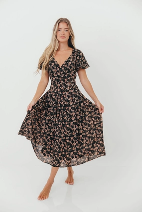 Slim-fit Milania Midi Dress in Black Floral