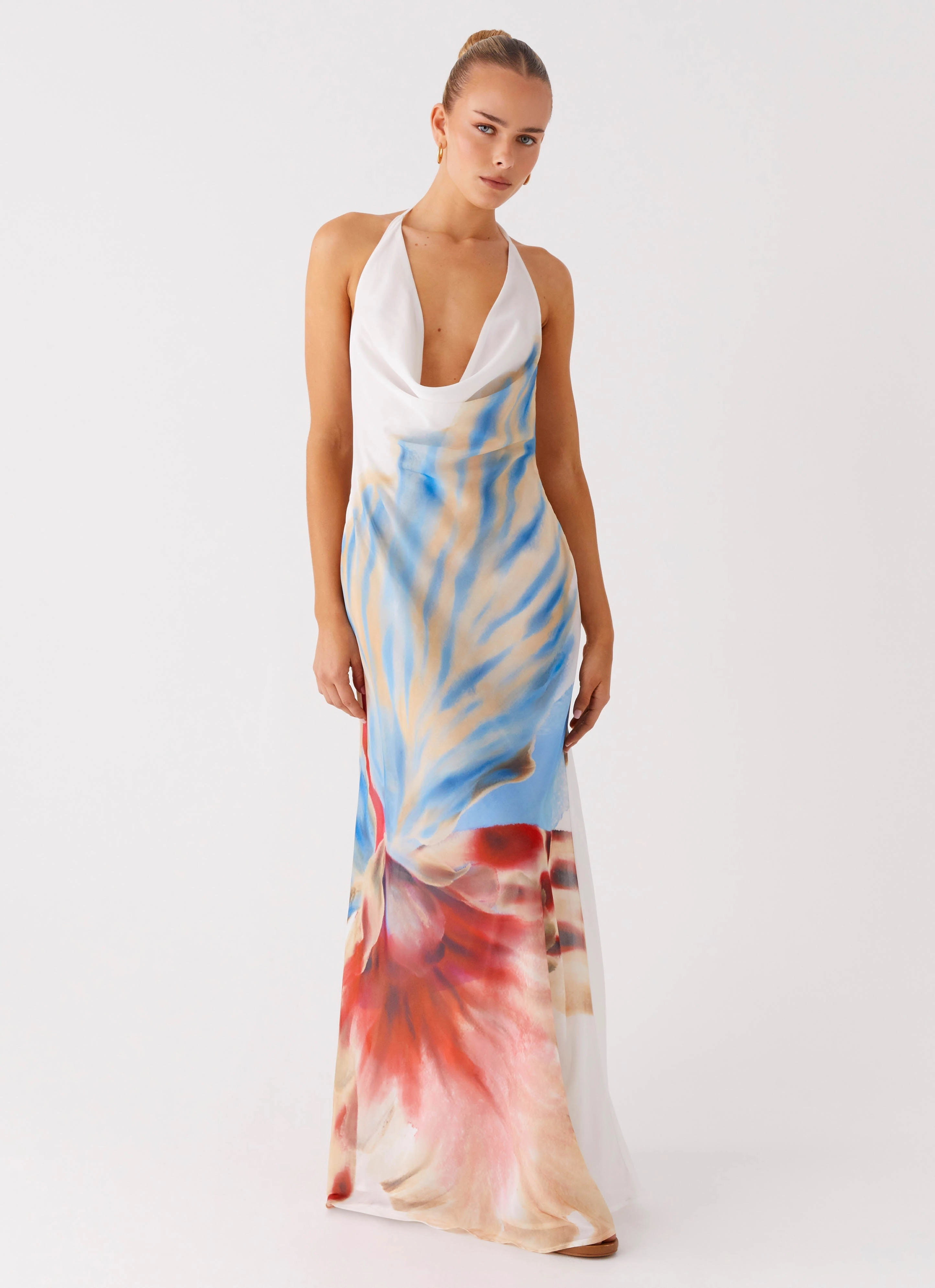 Texture Flow Clean Base Stars Align Cowl Maxi Dress - White Sea Bloom