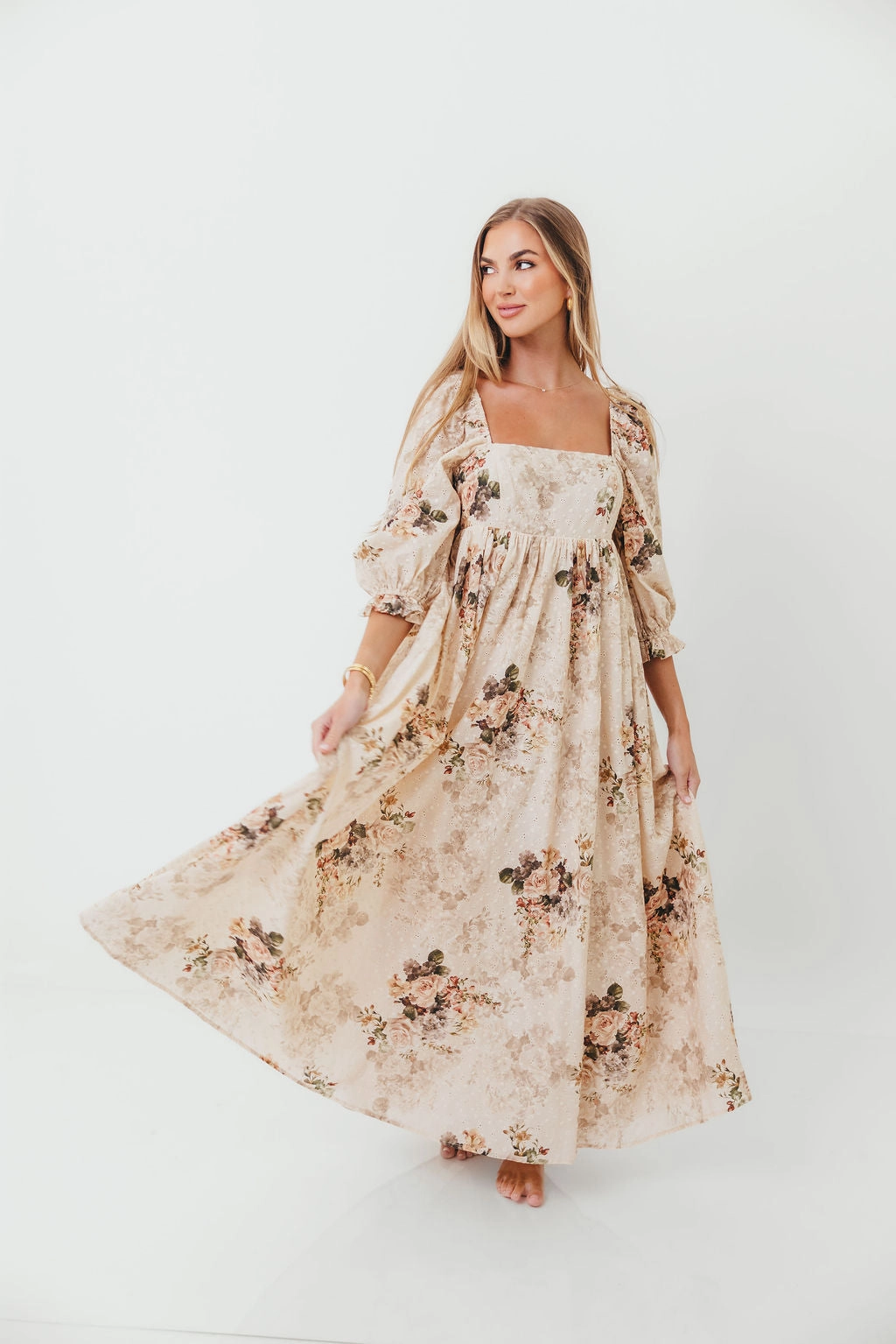 Limited-Edition Polished office dress Mona Maxi Dress with Smocking in Cream/Beige Floral - Bump Friendly *9/30 PRE-ORDER*