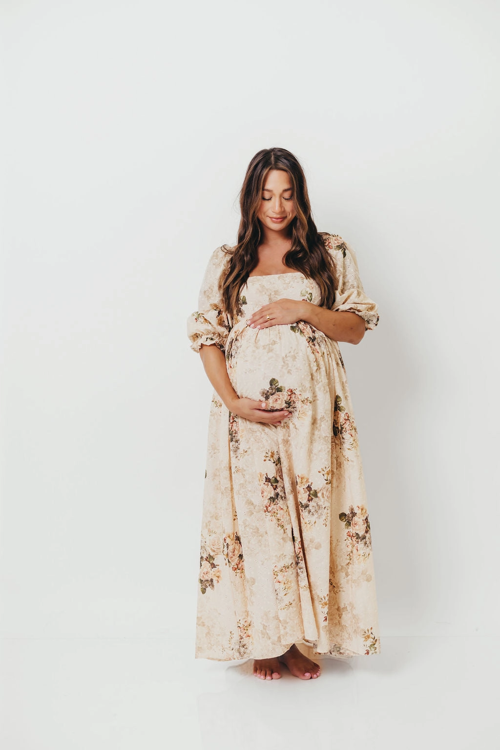 Mona Maxi Dress with Smocking in Cream/Beige Floral - Bump Friendly *9/30 PRE-ORDER* Casual Motion Event Glow