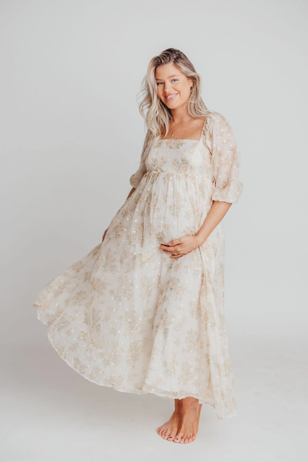 Mona Maxi Dress with Smocking in Cream Floral - Bump Friendly & Inclusive Sizing (S-3XL) Chic Motion Layered Design