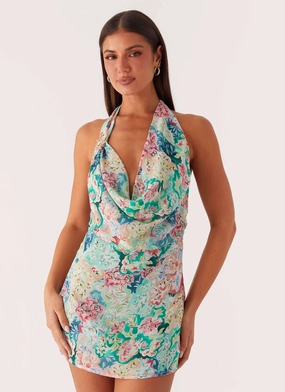 Countryside-Style Laid-Back Cowl Mini Dress - Santorini Floral