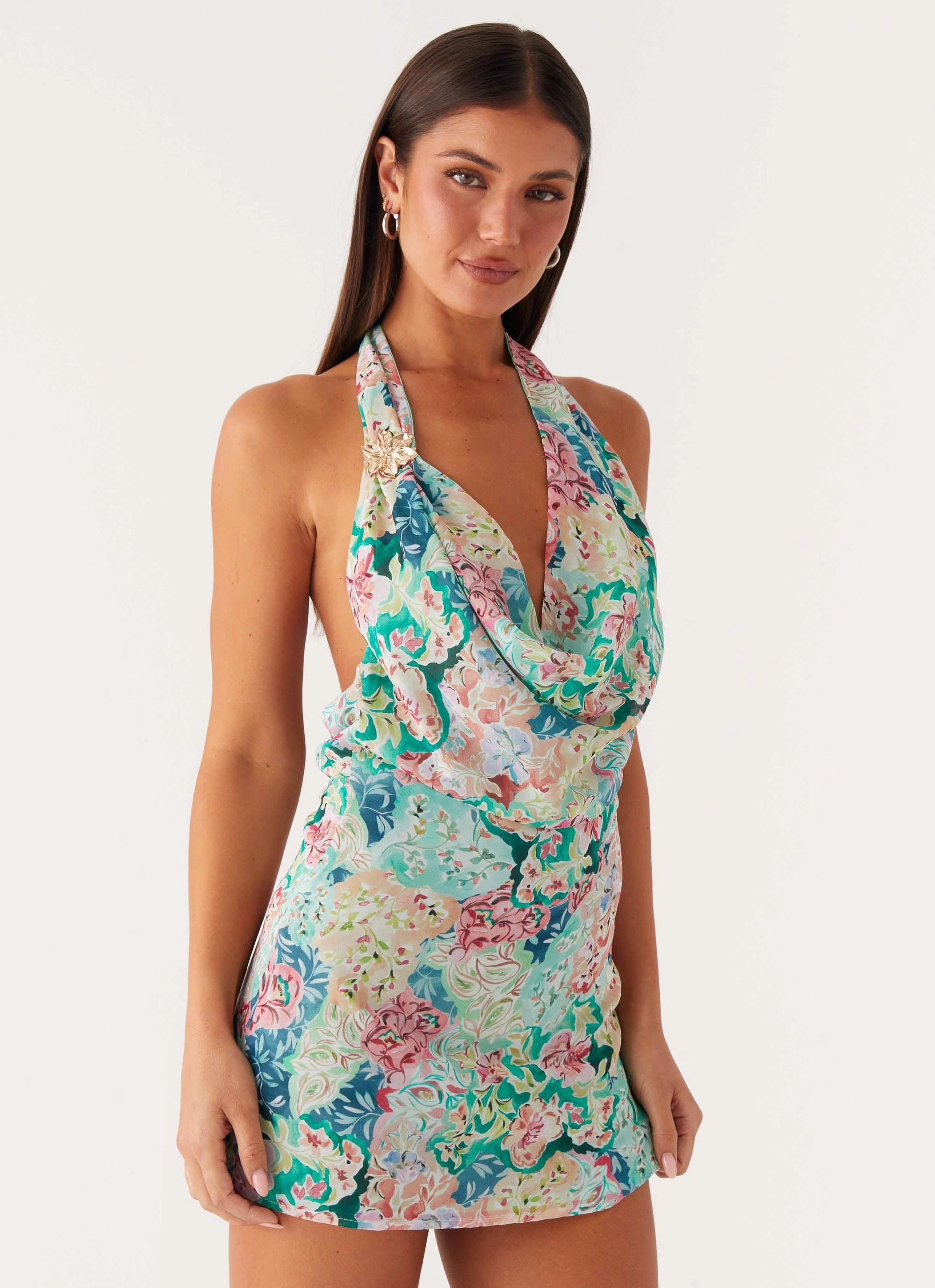 Pretty Glow Laid-Back Cowl Mini Dress - Santorini Floral