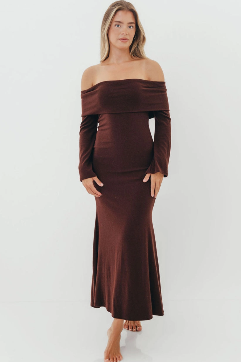 Monroe Maxi Dress with Long Sleeves in Chocolate Brown- Bump Friendly BiasCutSilhouette