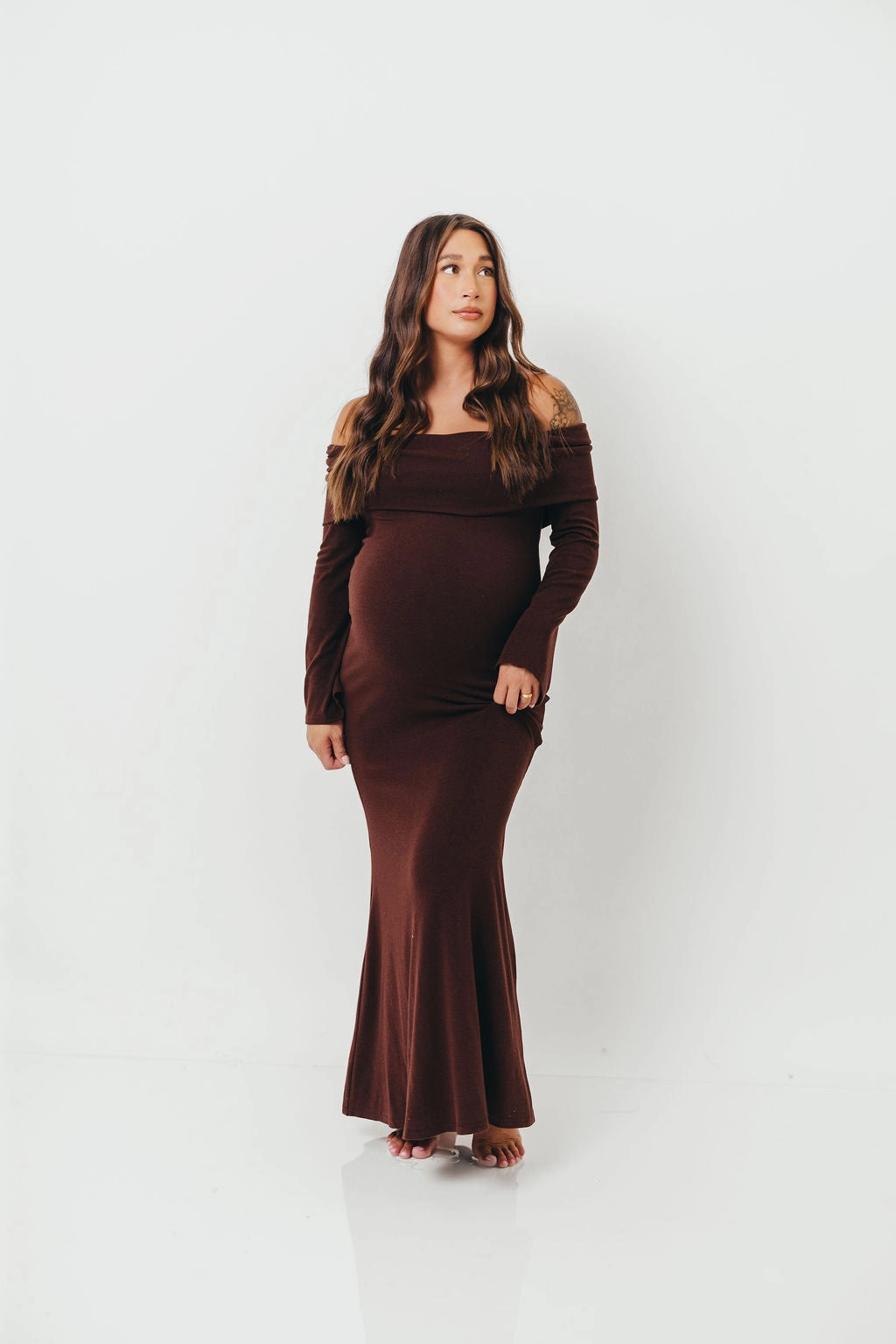 Monroe Maxi Dress with Long Sleeves in Chocolate Brown- Bump Friendly Quilted-Texture